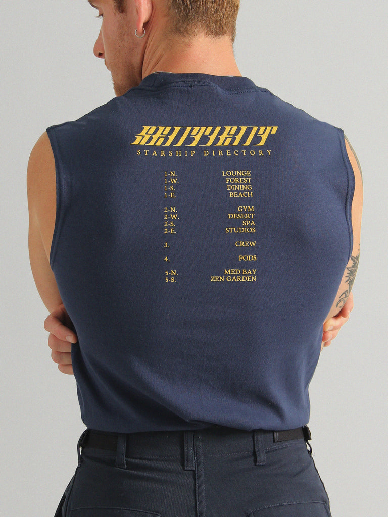 Sentient Starship Merch, Navy Sleeveless Tee.