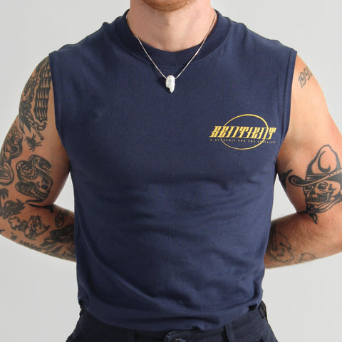 Sentient Starship Merch, Navy Sleeveless Tee.