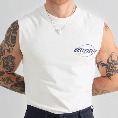 Sentient Starship Merch, White Sleeveless Tee.