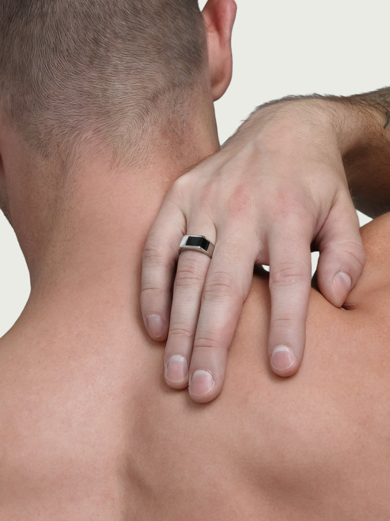 Offset Signet Ring, Black Enamel Silver.