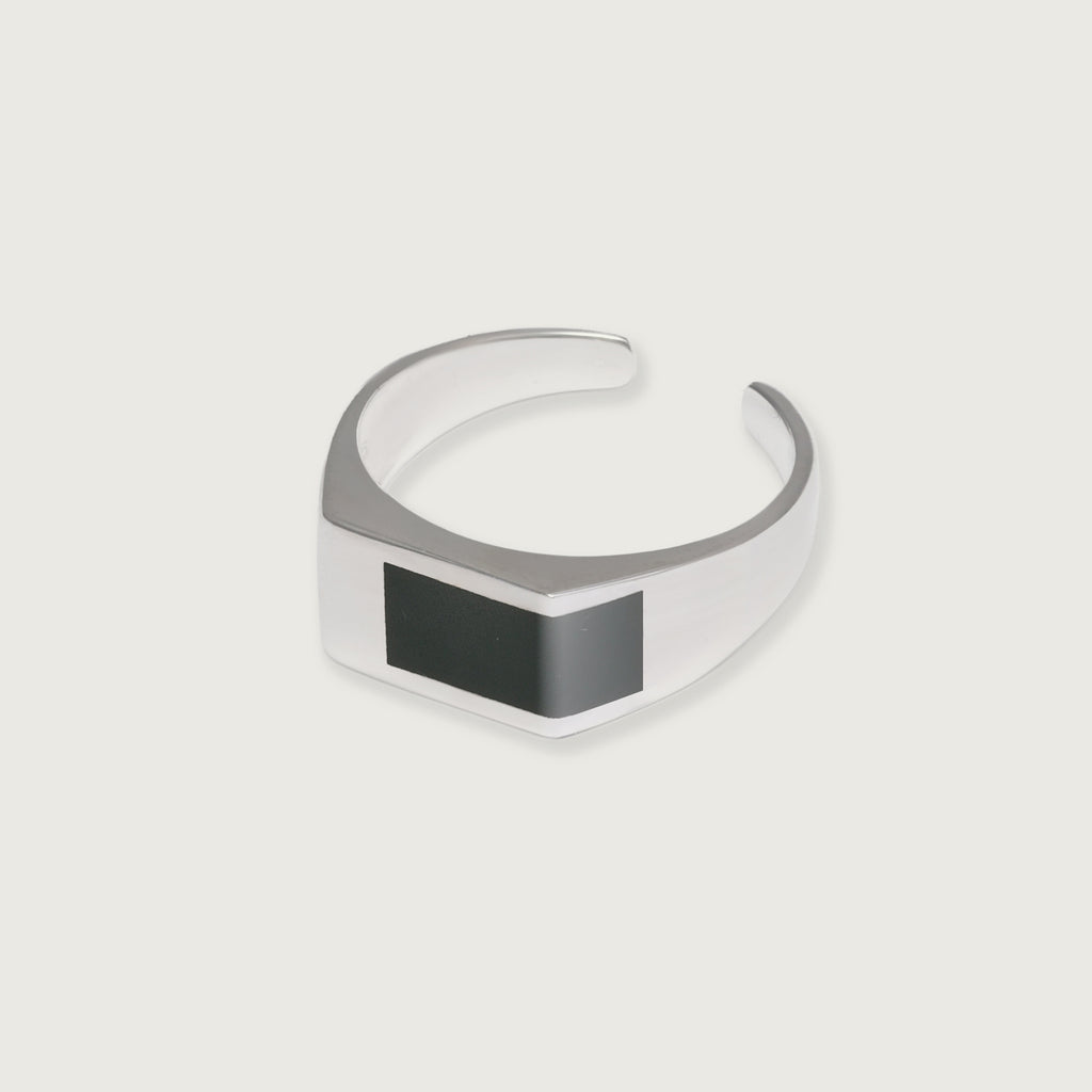 Offset Signet Ring, Black Enamel Silver.