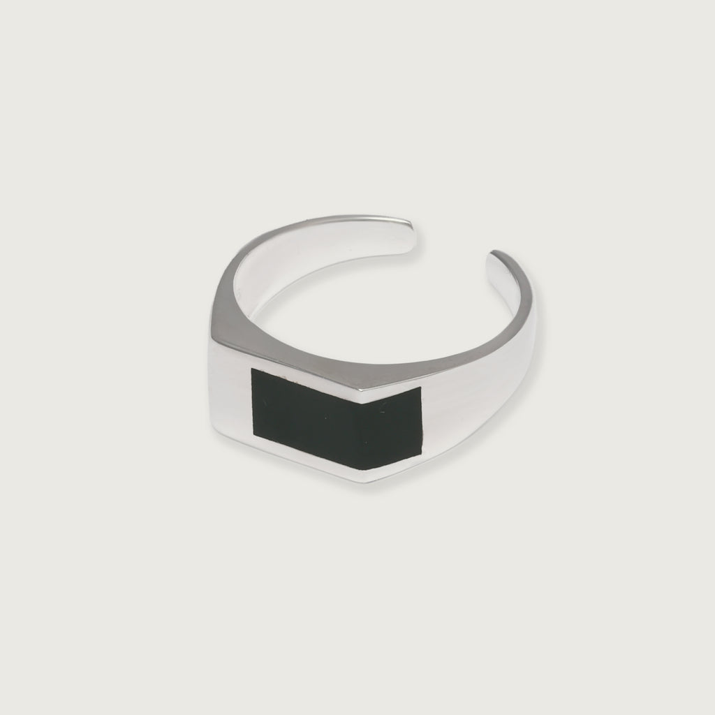Offset Signet Ring, Black Enamel Silver.