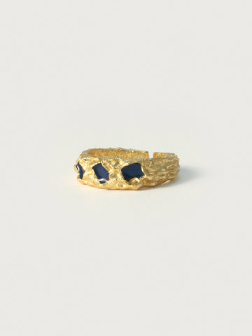 Foil texture gold ring with navy enamel