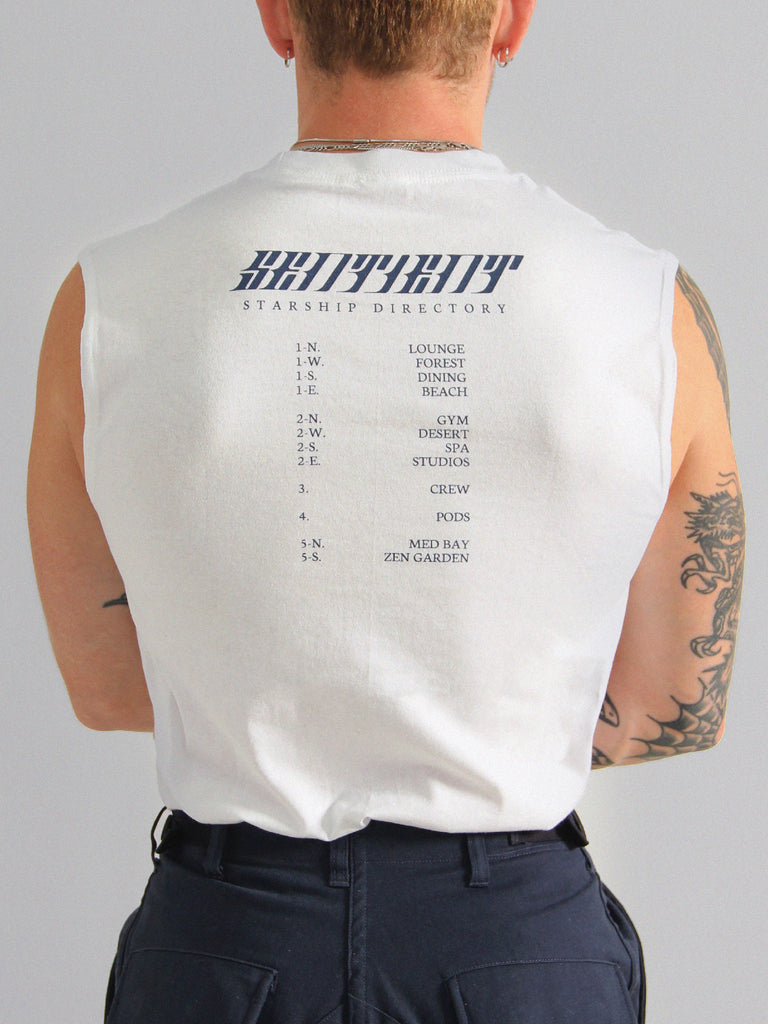 Sentient Starship Merch, White Sleeveless Tee.